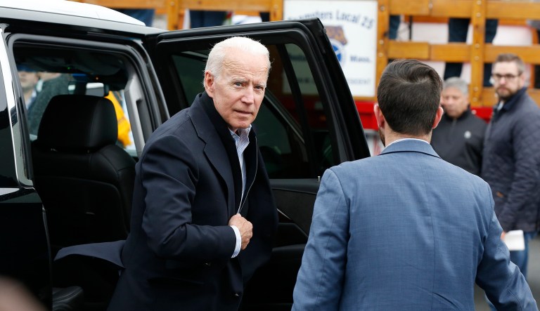 Former vice president Joe Biden arrives to speak at a rally in support of striking Stop & Shop workers in Boston, Thursday, April 18, 2019.