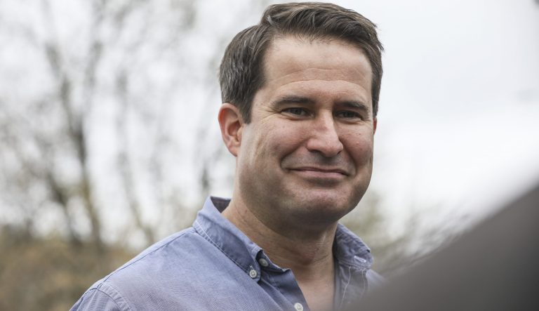 Democratic presidential candidate Rep. Seth Moulton, D-Mass., speaks to the media during a a campaign event at Liberty House in Manchester, N.H., Tuesday, April 23, 2019. 