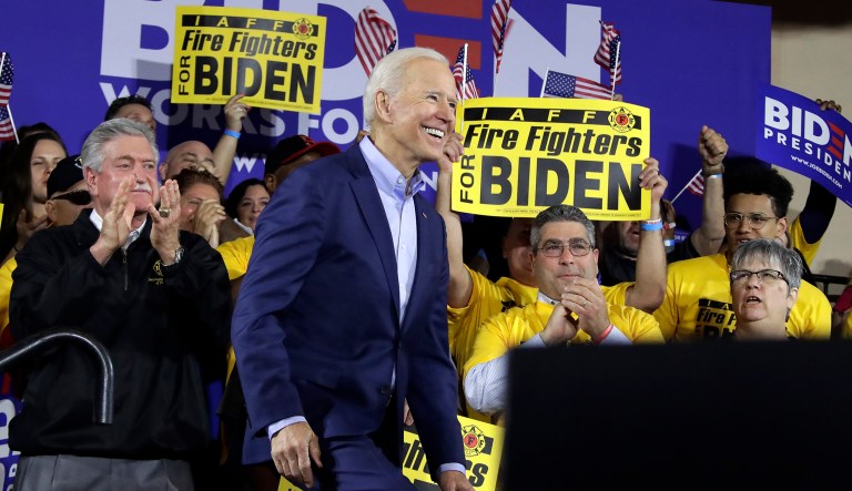 Former Vice President and Democratic presidential candidate Joe Biden takes the stage during a rally at the Teamster Local 249 Hall in Pittsburgh.