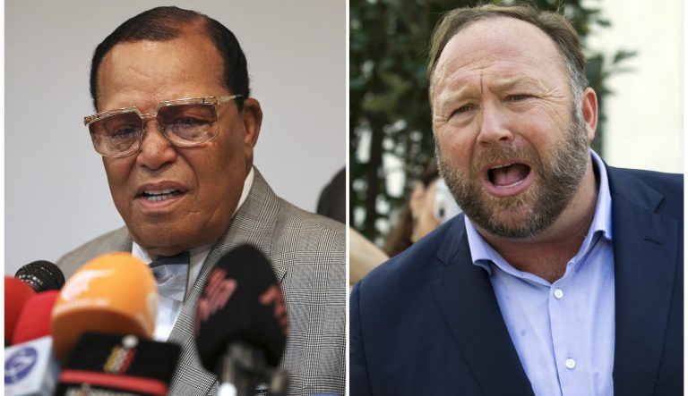 This combination of file photo shows minister Louis Farrakhan, the leader of the Nation of Islam, in Tehran, Iran, on Nov. 8, 2018, left, and conspiracy theorist Alex Jones in Washington on Sept. 5, 2018, right. Facebook has banned Louis Farrakhan, Alex Jones and others from its platform and from Instagram saying they violated its ban against hate and violence. The company said it has also banned extreme right-wing figures Paul Nehlen, Milo Yiannopoulos, Paul Joseph Watson, Laura Loomer and the conservative conspiracy site Infowars. Jones was already banned from Facebook but not from Instagram. 