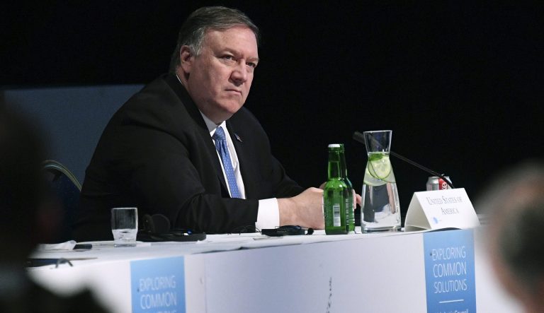 US Secretary of State Mike Pompeo takes part in the 11th Ministerial Meeting of the Arctic Council in Rovaniemi, Finland, Tuesday May 7, 2019. 