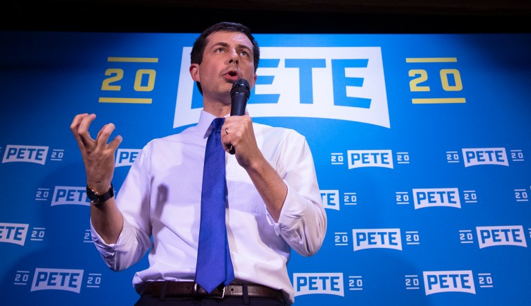 Democratic presidential candidate Pete Buttigieg addresses supporters at a campaign event.