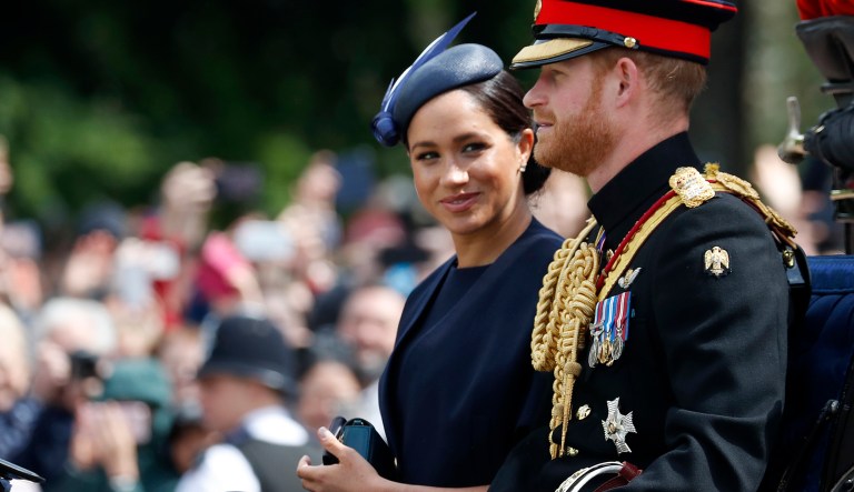 Britain's Meghan, the Duchess of Sussex and Prince Harry ride in a carriage to attend the annual Trooping the Colour Ceremony in London, Saturday, June 8, 2019. Trooping the Colour is the Queen's Birthday Parade and one of the nation's most impressive and iconic annual events attended by almost every member of the Royal Family.