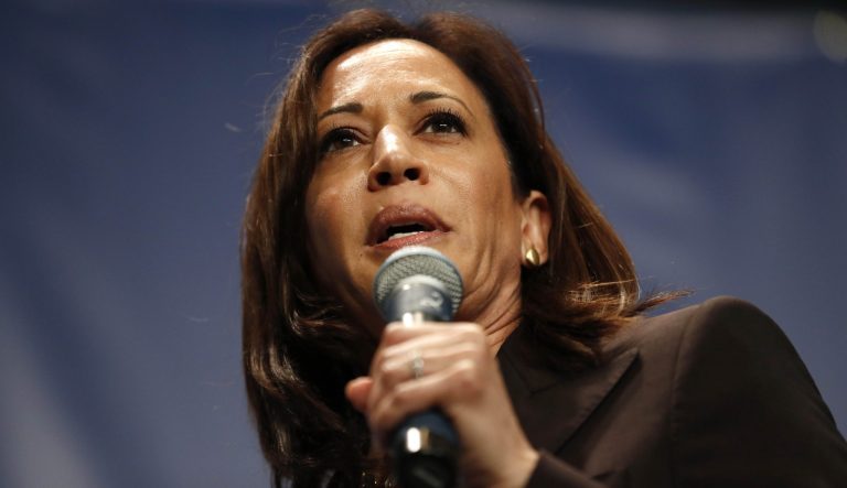 Democratic presidential candidate Kamala Harris speaks.