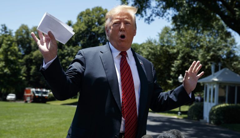 President Donald Trump speaks to reporters before departing for a trip to Iowa, on the South Lawn of White House, Tuesday, June 11, 2019, in Washington. 