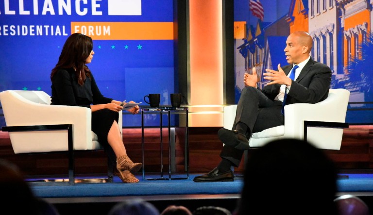 New Jersey Sen. Cory Booker, a Democratic presidential candidate, speaks at a candidate forum on Saturday, June 15, 2019, in Charleston, S.C., sponsored by the Black Economic Alliance. 