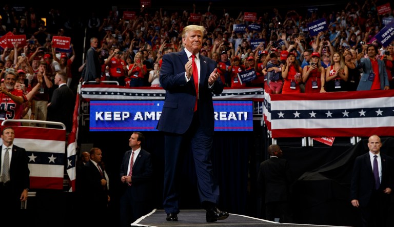 President Donald Trump arrives to speak at his re-election kickoff rally at the Amway Center, Tuesday, June 18, 2019, in Orlando, Fla.