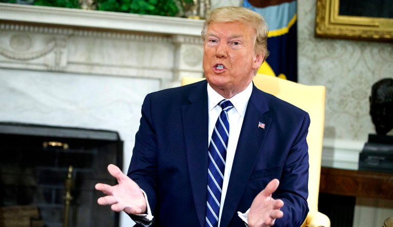 President Trump speaks during a meeting with Canadian Prime Minister Justin Trudeau in the Oval Office of the White House in D.C.