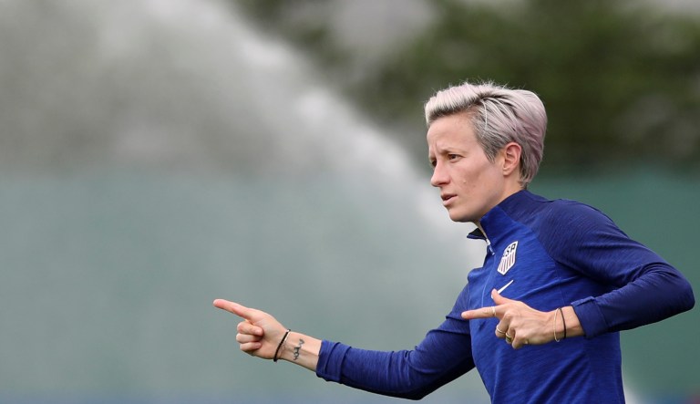 United States' Megan Rapinoe gestures during a training session of the US Women's Soccer team at a training ground in Lyon, France, Monday, July 1, 2019. 