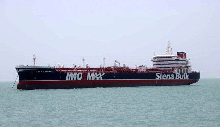 A British-flagged oil tanker Stena Impero which was seized by the Iran's Revolutionary Guard on Friday is photographed in the Iranian port of Bandar Abbas.