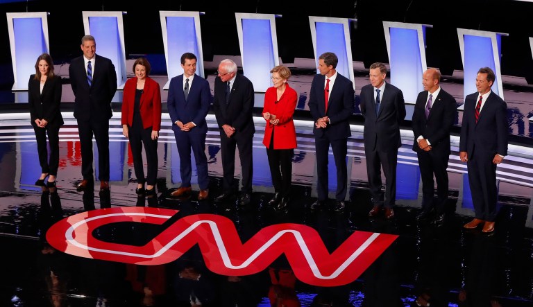 From left, Marianne Williamson, Rep. Tim Ryan, D-Ohio, Sen. Amy Klobuchar, D-Minn., South Bend Mayor Pete Buttigieg, Sen. Bernie Sanders, I-Vt., Sen. Elizabeth Warren, D-Mass., former Texas Rep. Beto O'Rourke, former Colorado Gov. John Hickenlooper, former Maryland Rep. John Delaney and Montana Gov. Steve Bullock take the stage for the first of two Democratic presidential primary debates hosted by CNN on July 20.