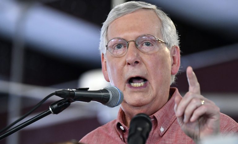 Senate Majority Leader Mitch McConnell, R-Ky., addresses the audience gathered at the Fancy Farm Picnic in Fancy Farm, Ky., Saturday, Aug. 3, 2019. 