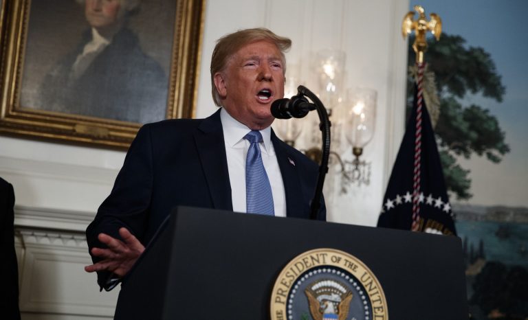 President Donald Trump speaks about the mass shootings in El Paso, Texas and Dayton, Ohio, in the Diplomatic Reception Room of the White House, Monday, Aug. 5, 2019, in Washington.