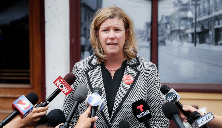 Dayton, Ohio, Mayor Nan Whaley speaks to members of the media.