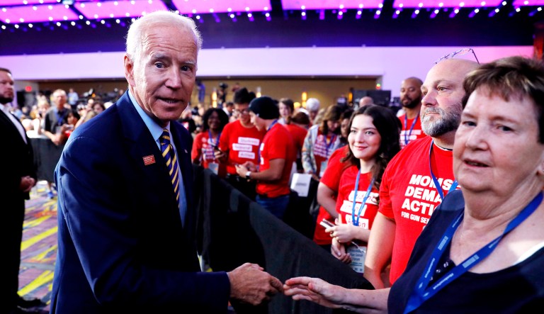 Democratic presidential candidate former Vice President Joe Biden greets audience members after speaking at the Presidential Gun Sense Forum in Des Moines, Iowa.