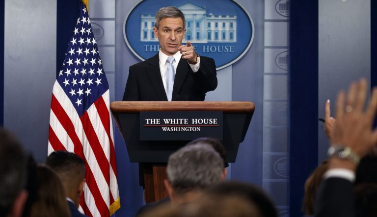Acting Director of United States Citizenship and Immigration Services Ken Cuccinelli, speaks during a briefing at the White House, Monday, Aug. 12, 2019, in Washington. 