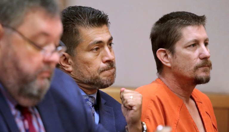 Michael Drejka (right) sits in court during a bond hearing at the Pinellas County Justice Center in Clearwater, Florida.