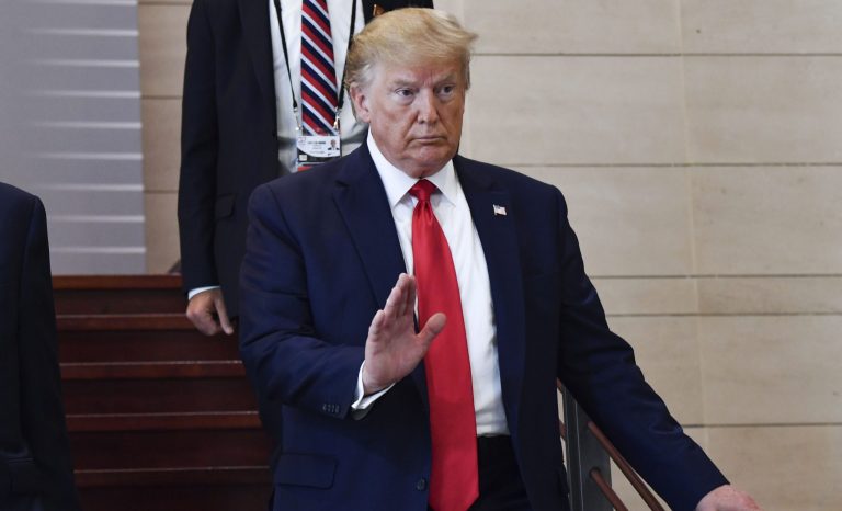 U.S President Donald Trump arrives to attend a lunch on "digital transformation", during the G7 summit in Biarritz, southwestern France, Monday Aug.26 2019. G-7 leaders are wrapping up a summit dominated by tensions over U.S. trade policies and a surprise visit by Iran's top diplomat. 
