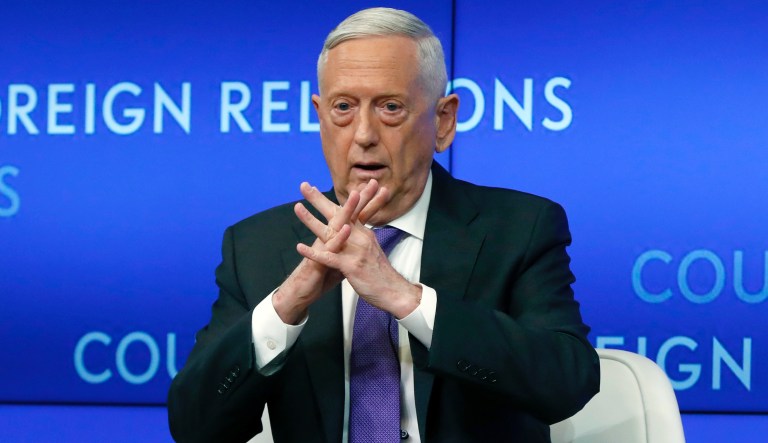 Former U.S. Secretary of Defense Jim Mattis speaks at the Council on Foreign Relations, in New York, Tuesday, Sept. 3, 2019. 