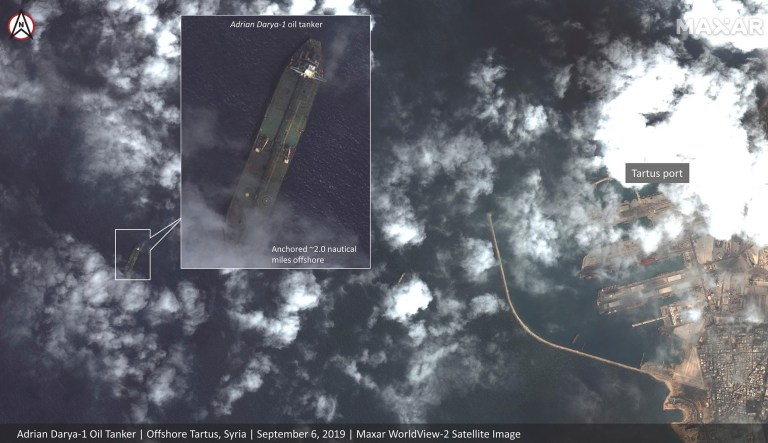 This Friday, Sept. 6, 2019, satellite image provided by Maxar Technologies appears to show the Iranian oil tanker Adrian Darya-1 off the coast of Tartus, Syria. Satellite images obtained by The Associated Press on Saturday, Sept. 7, 2019, appeared to show the once-detained Iranian oil tanker Adrian Darya-1 near the Syrian port, despite U.S. efforts to seize the vessel. That's after Gibraltar earlier seized and held the tanker for weeks, later releasing it after authorities there said Iran promised the oil wouldn't go to Syria. 