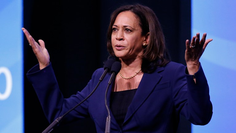 Democratic presidential candidate Sen. Kamala Harris speaks during the New Hampshire state Democratic Party convention.