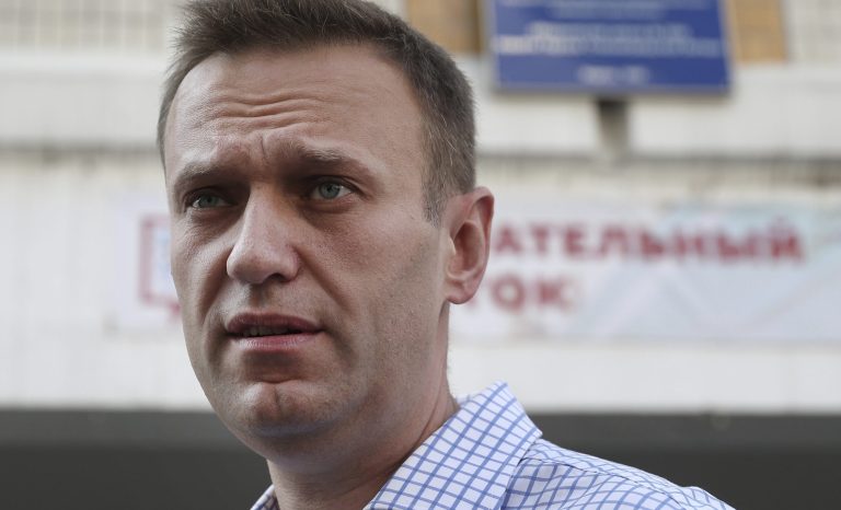 Russian opposition leader Alexei Navalny speaks to media after voting during a city council election in Moscow, Russia, Sunday, Sept. 8, 2019. 