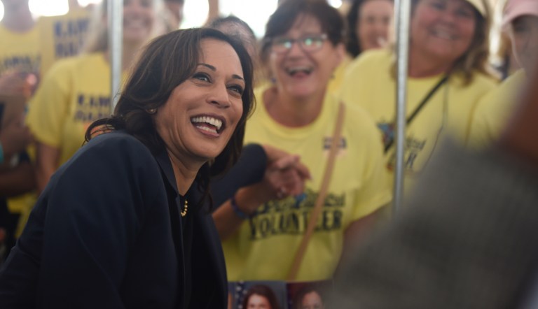 Democratic presidential candidate Sen. Kamala Harris, D-Calif.,  casts a straw poll vote for herself at the Charleston Blue Jamboree on Saturday, Oct. 5, 2019, in North Charleston, S.C.