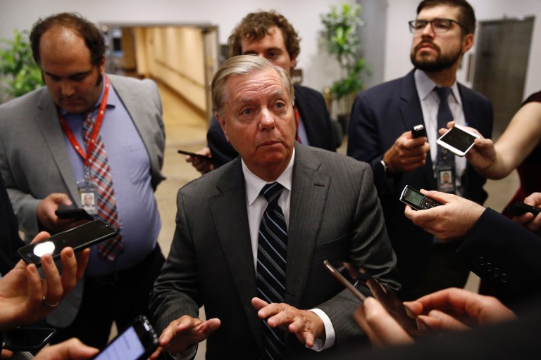 Sen. Lindsey Graham, R-S.C., speaks with members of the media, Tuesday, Oct. 22, 2019, on Capitol Hill in Washington. 