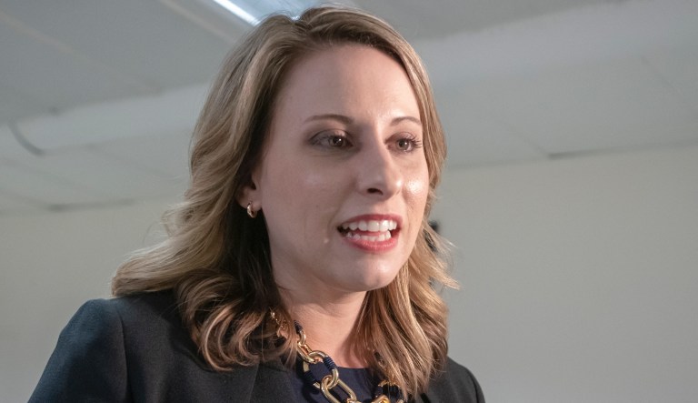 In this April 3, 2019 photo, Rep. Katie Hill, D-Calif., talks on Capitol Hill in Washington. 