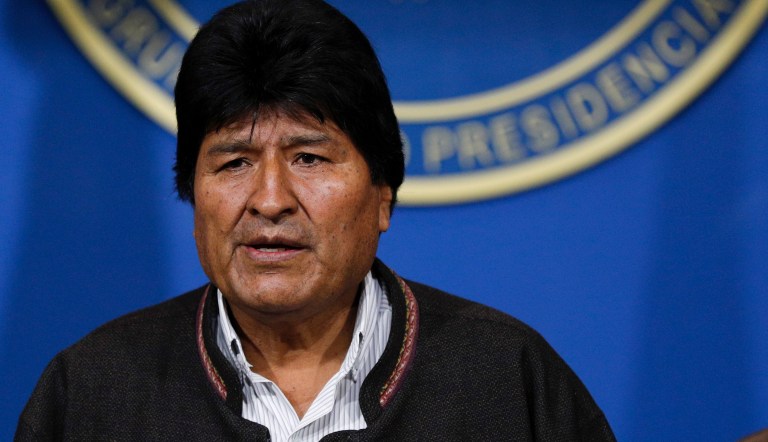 Bolivia's President Evo Morales looks on during a press conference in La Paz, Bolivia, Sunday, Nov. 10, 2019. 