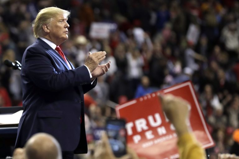 President Donald Trump looks to the crowd as he finishes speaking during a campaign rally at the CenturyLink Center, Thursday, Nov. 14, 2019, in Bossier City, La. 