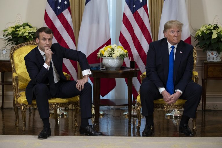 President Donald Trump meets President Emmanuel Macron at Winfield House during the NATO summit, Tuesday, Dec. 3, 2019, in London.