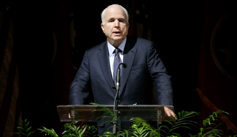 Sen. John McCain, R-Ariz., speaks during a service for Fred Thompson, a former United States senator, actor and Republican presidential candidate, Friday, Nov. 6, 2015, in Nashville, Tenn. Thompson died Nov. 1 in Nashville. He was 73.