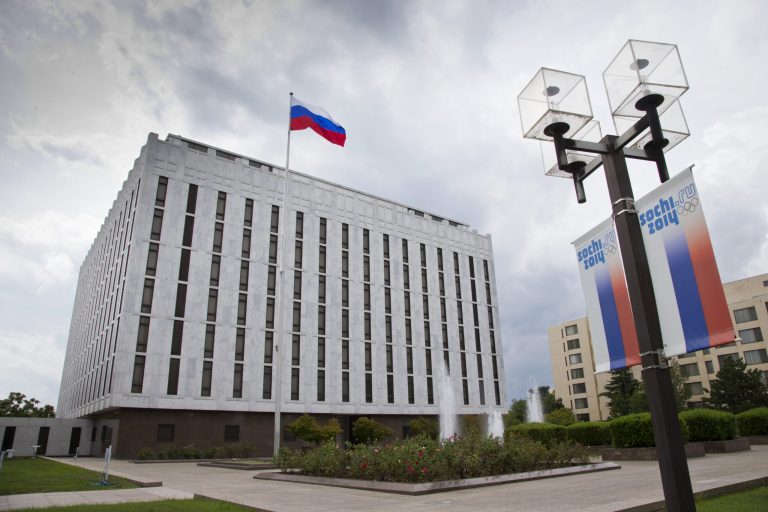 Later, the Russian embassy mocked the U.S. government for a helicopter that was flying in the neighborhood of its Washington building. (AP Photo/J. Scott Applewhite)