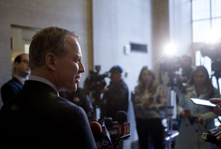 In this 2016 photo, then-Attorney General Eric Schneiderman talks to media members after Law Day at the Court of Appeals in Albany, N.Y.