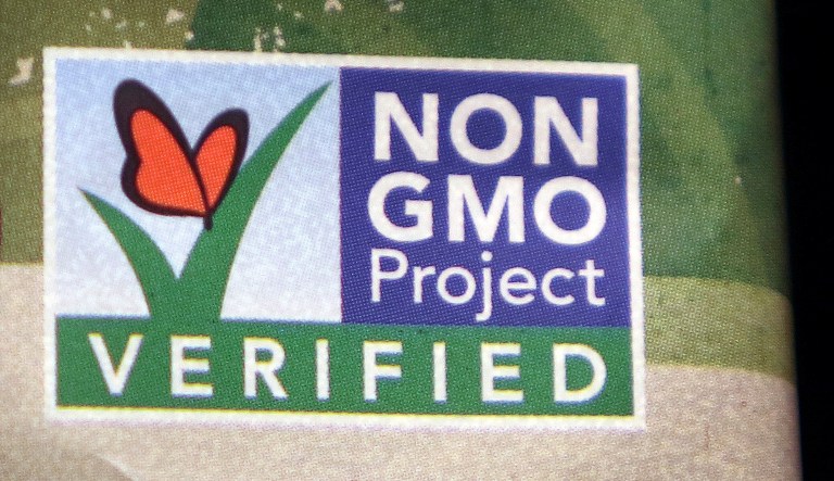 A package label identifies a food product that does not contain genetically modified ingredients Friday, March 18, 2016, in Marlborough, Mass. 