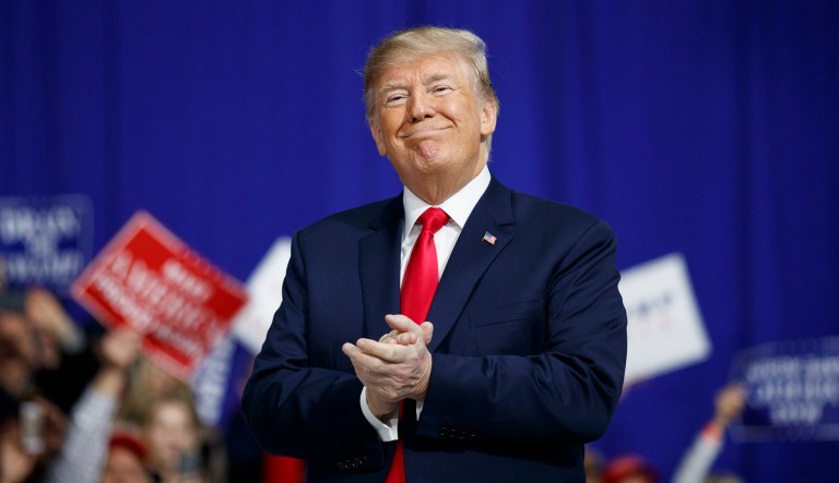 President Trump arrives at a campaign rally in Moon Township, Pa. (AP Photo/Carolyn Kaster)