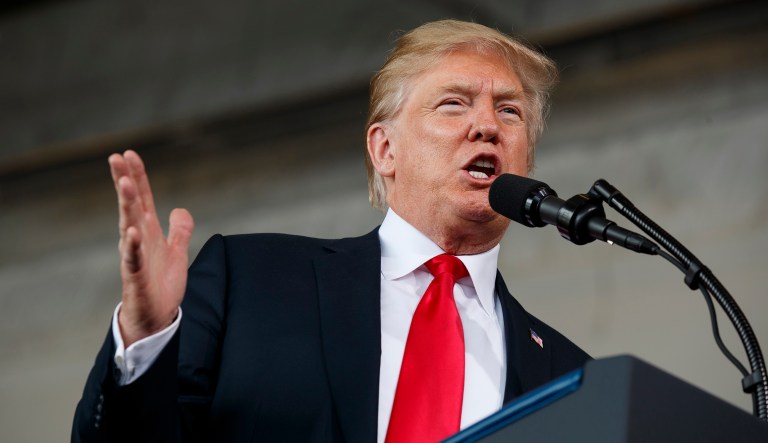 President Trump speaks to service members at Miramar Air Corps Air Station, Tuesday, March 13, 2018, in San Diego.