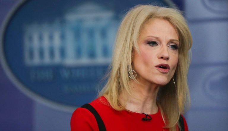White House counselor Kellyanne Conway speaks during her interview with CNN in the White House press briefing room. 