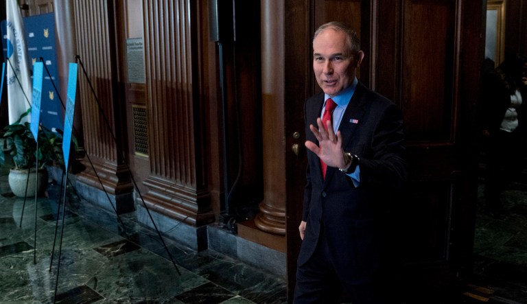 EPA Administrator Scott Pruitt arrives for a news conference on his decision to scrap Obama administration fuel standards. 