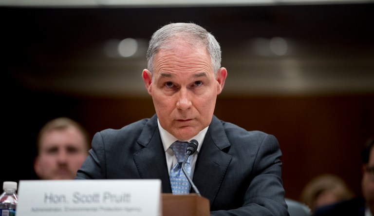 Environmental Protection Agency Administrator Scott Pruitt listens to a question as he testifies before a Senate Appropriations subcommittee. 