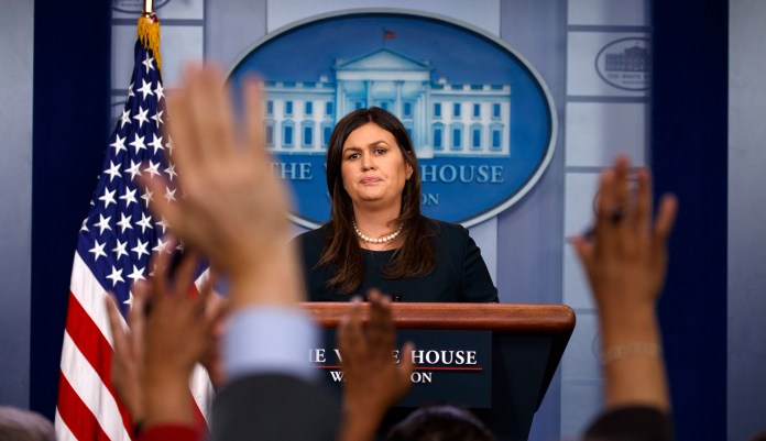 White House press secretary Sarah Sanders speaks during the daily press briefing at the White House on Aug. 1, 2018, in Washington.