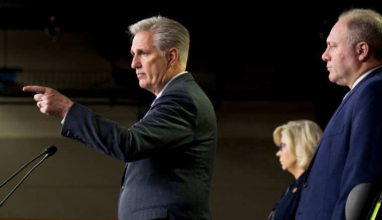 House Minority Leader Kevin McCarthy of California, left, points to a question accompanied by House Republican Conference chair Rep. Liz Cheney, R-Wyo., center, and House Minority Whip Steve Scalise of Louisiana, during a news conference on Capitol Hill, Tuesday, Jan. 15, 2019 in Washington. 