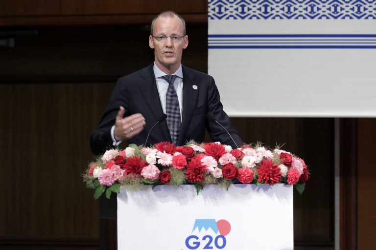 President of the Dutch Central Bank Klaas Knot speaks at the Group of 20 (G-20) high-level seminar on the sidelines of the G-20 finance ministers and central bank governors meeting in southern Japan on June 8, 2019. Knot apologized on July 1, 2022 for the institution of the Dutch central bank's involvement in the 19th-century slave trade. (Kiyoshi Ota/Pool Photo via AP)