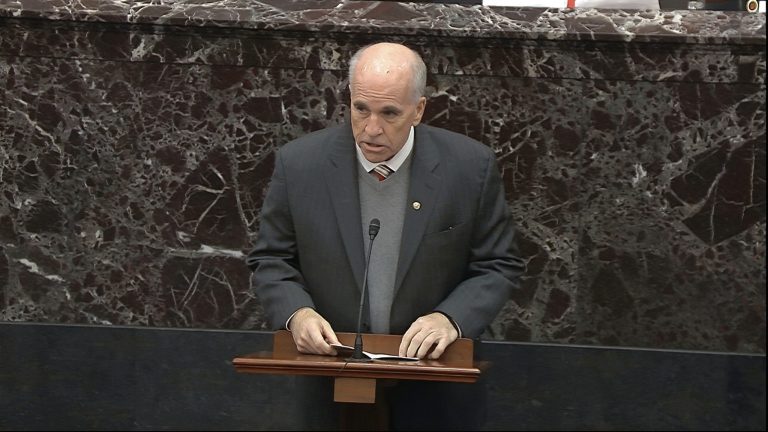 Senate Sergeant-at-Arms Michael Stenger reads the proclamation during the impeachment trial against President Donald Trump.