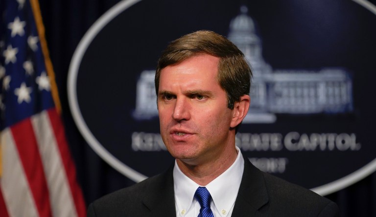 Gov. Andy Beshear (D-KY) speaks to the press at the Capitol in Frankfort, Kentucky.