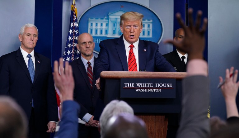 President Trump takes questions during press briefing with the coronavirus task force at the White House on Thursday in Washington.