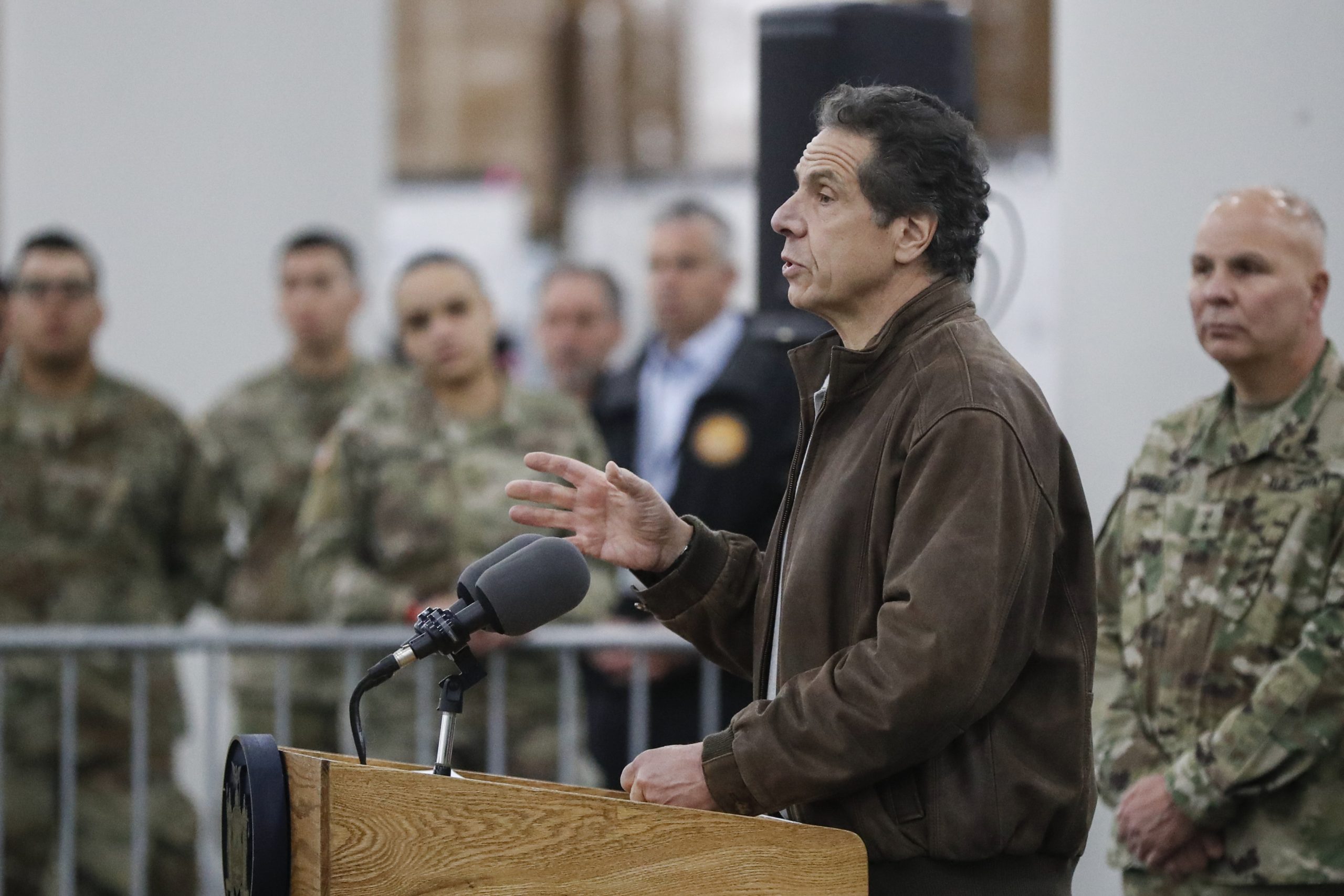 New York Gov. Andrew Cuomo speaks during a news conference at the Jacob Javits Center that will be converted into a temporary hospital on Monday in New York.