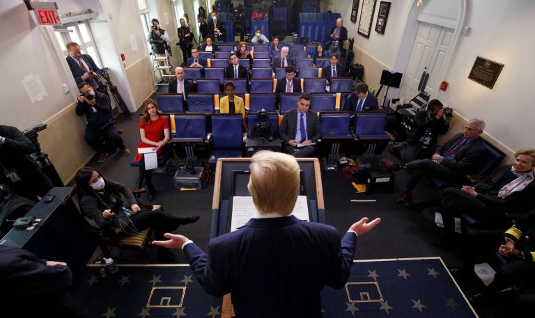 In this April 10, 2020, file photo President Donald Trump speaks during a coronavirus task force briefing at the White House in Washington.