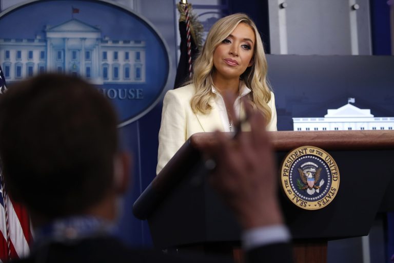 White House press secretary Kayleigh McEnany speaks with reporters about the coronavirus in the James Brady Briefing Room of the White House.